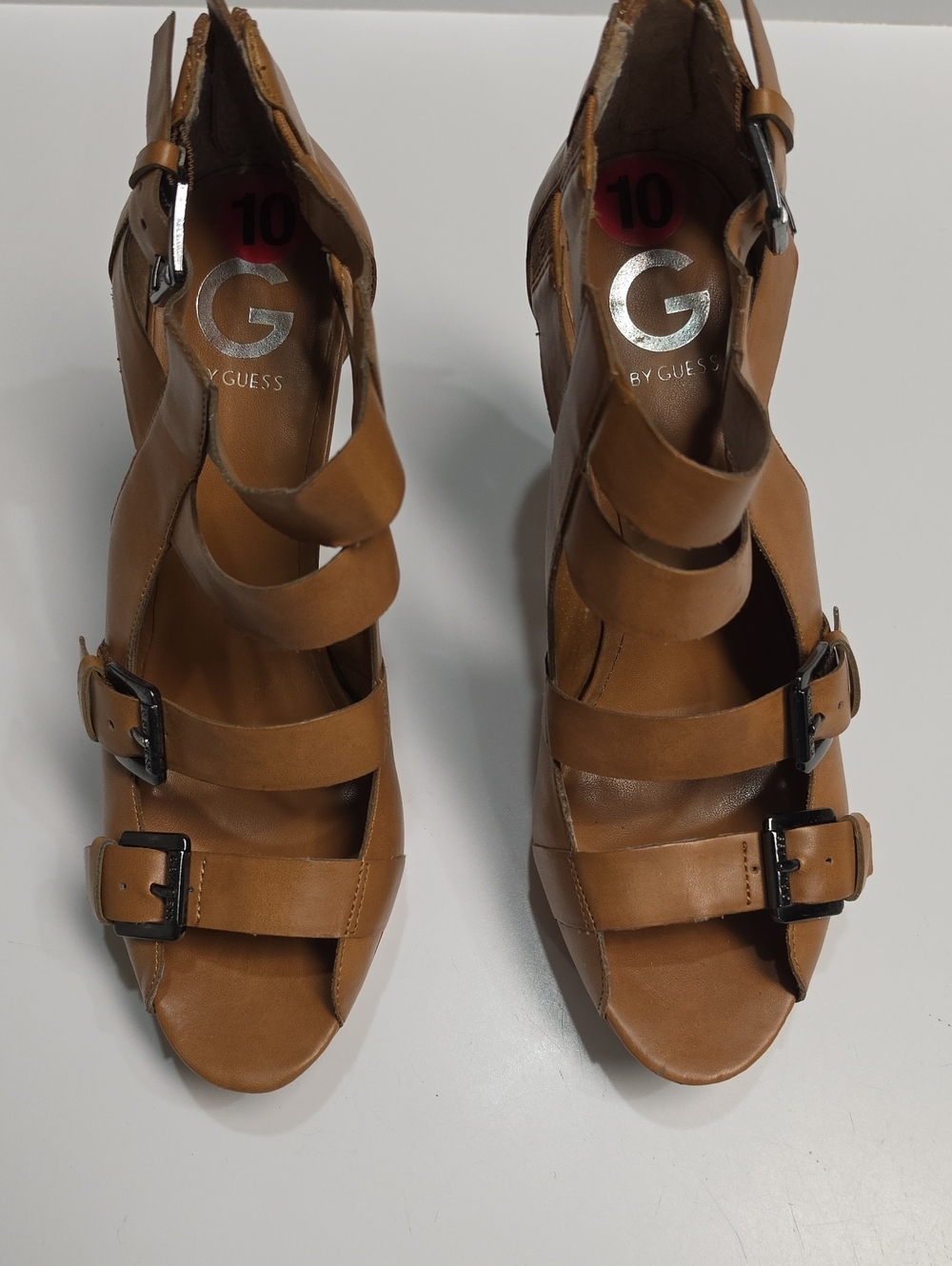 G by Guess Lattie Strappy Platform Stacked Heels - Cognac Tan - Size 10
